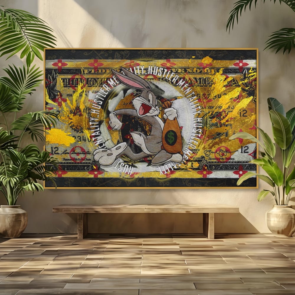 Tablou canvas cu tablou canvas cu dolar si bugs bunny, in rama de aluminiu auriu